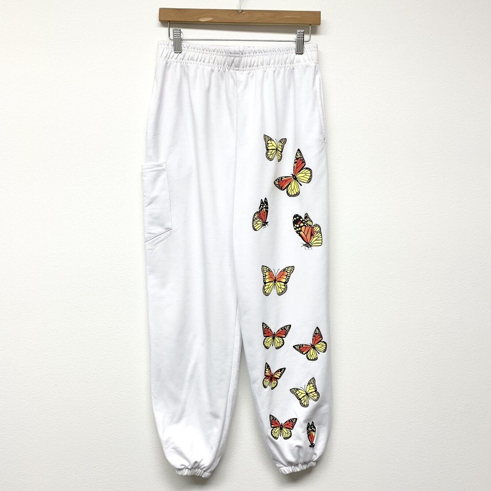 White Butterfly Cargo High Rise Sweatpants Womens Size Medium Pockets Joggers - Picture 1 of 9